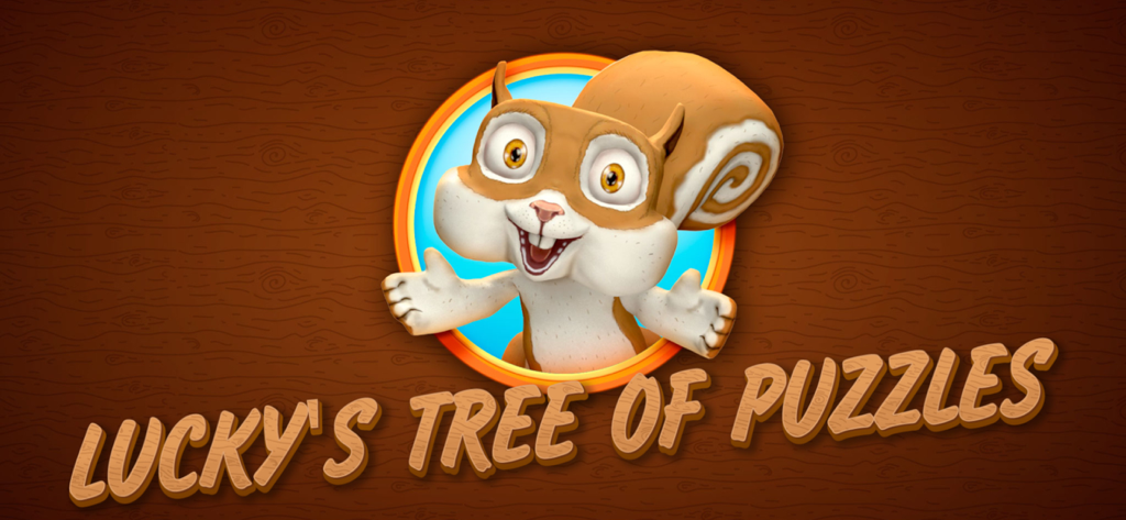 Lucky's Tree of Puzzles - Lucky the squirrel character on the title screen of the Luckys Tree of Puzzles educational app.