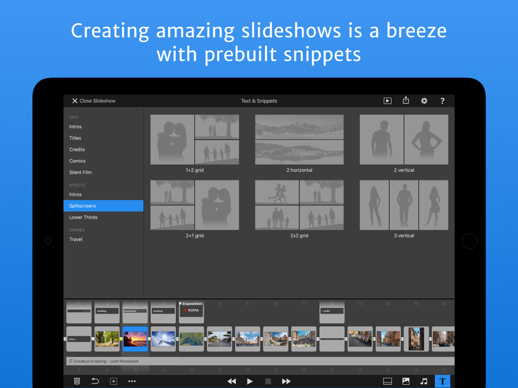 FotoMagico for iPad - iPad用FotoMagicoアプリのインターフェース。プロのスライドショーのための事前構築済みレイアウトスニペットと編集タイムラインを表示しています。