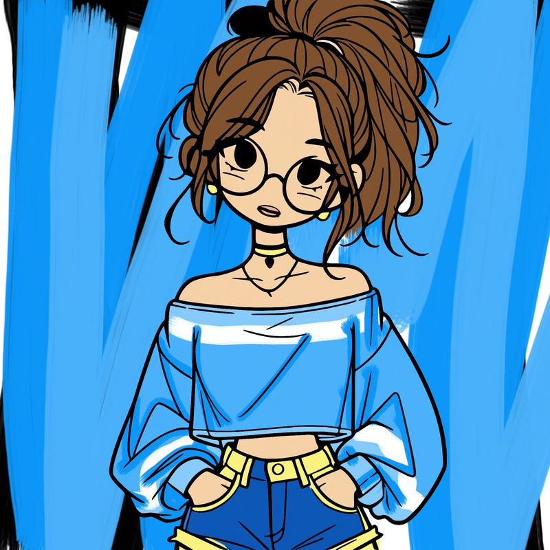 girl with a messy ponytail glasses a baggy crop top and jean shorts