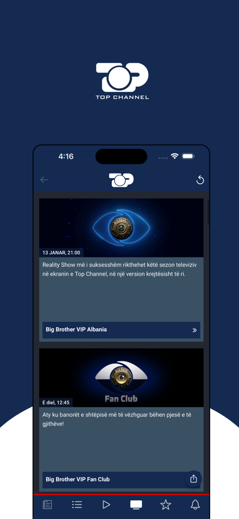 Top Channel - Screenshot dell'app mobile Top Channel con contenuti di Big Brother VIP Albania.