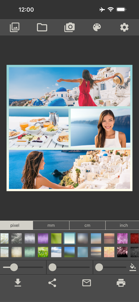 Photo Collage Make & Print PRO - Interfaz de editor de collage de fotos profesional que muestra un collage de viajes con opciones de tamaño de impresión