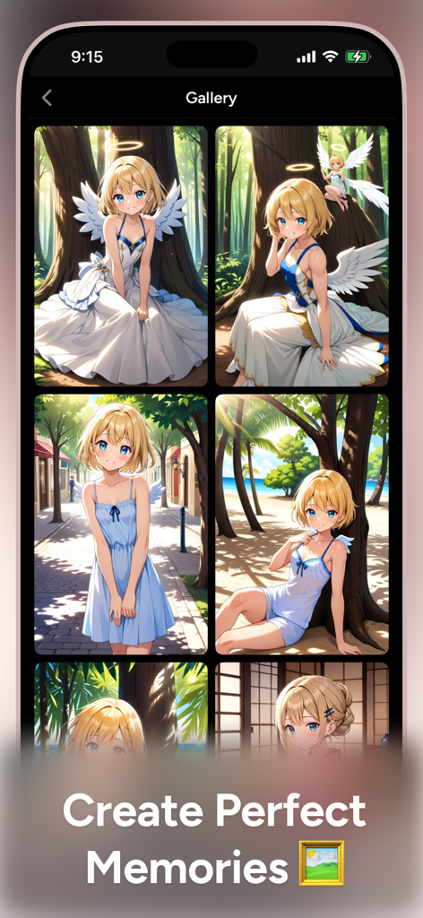 WaifuChat: AI Anime Fantasy - A gallery view in the WaifuChat app showing various AI-generated images of a blonde anime girl character in different settings like a forest and a beach.