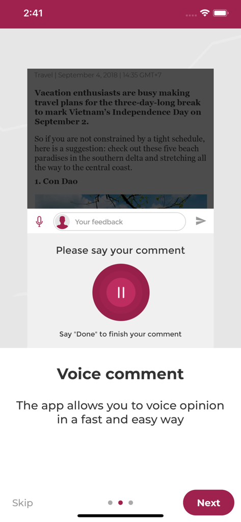 VnExpress International app interface showcasing the voice comment feature for sharing opinions on news articles.