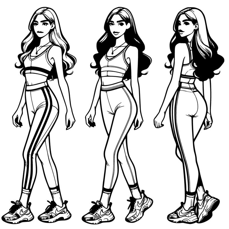 skinny girl with lulu lemon leggings on and a crop top and nike shoes and long hair