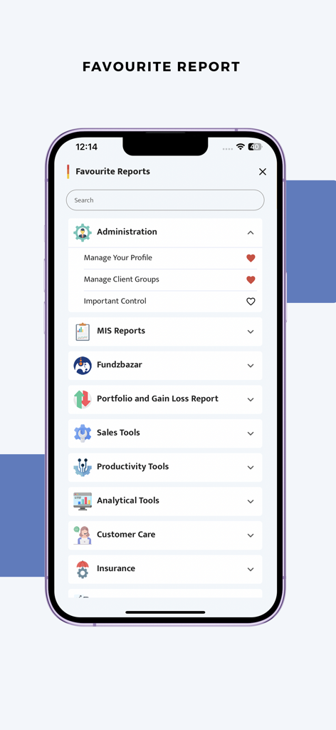Prudent Partner Desk - Interface do aplicativo Prudent Partner Desk mostrando uma lista de relatórios financeiros categorizados e ferramentas administrativas para corretores