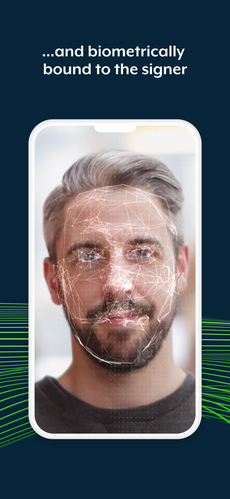 Uno smartphone che visualizza una scansione facciale biometrica di un uomo per una verifica sicura dell'identità all'interno dell'app livesign.