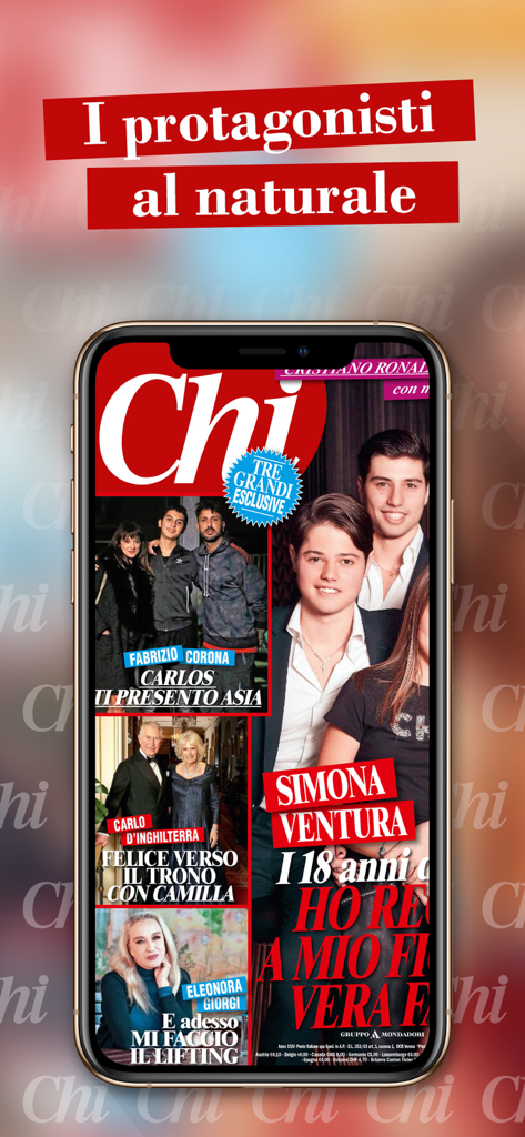Chi - L'écran d'un smartphone affiche la couverture numérique du magazine Chi, avec des actualités sur les célébrités et des articles sur le style de vie.