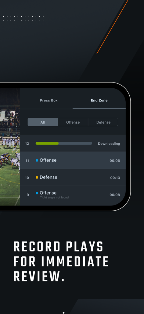 Hudl Sideline app interface showing recorded football plays for immediate review
