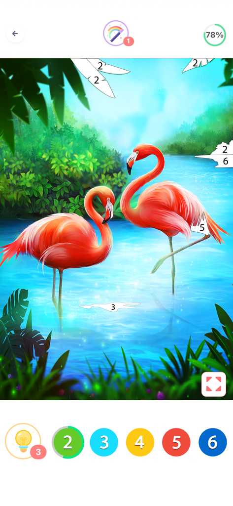 Coloring Fun : Color by Number - A digital color by number illustration of two pink flamingos in tropical water within the Coloring Fun app.