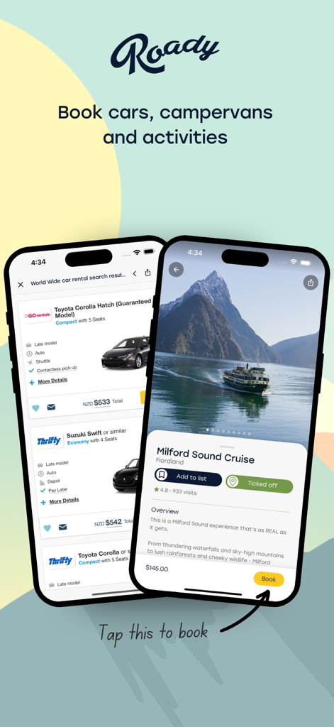 Roady app interface showing car rental search results and an activity booking page for a Milford Sound cruise.