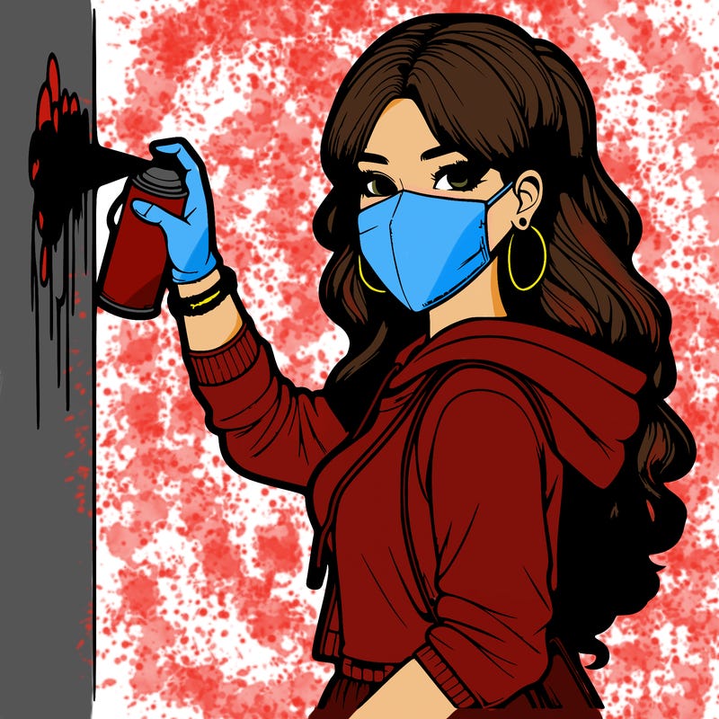 realistic girl with mask spray painting a wall