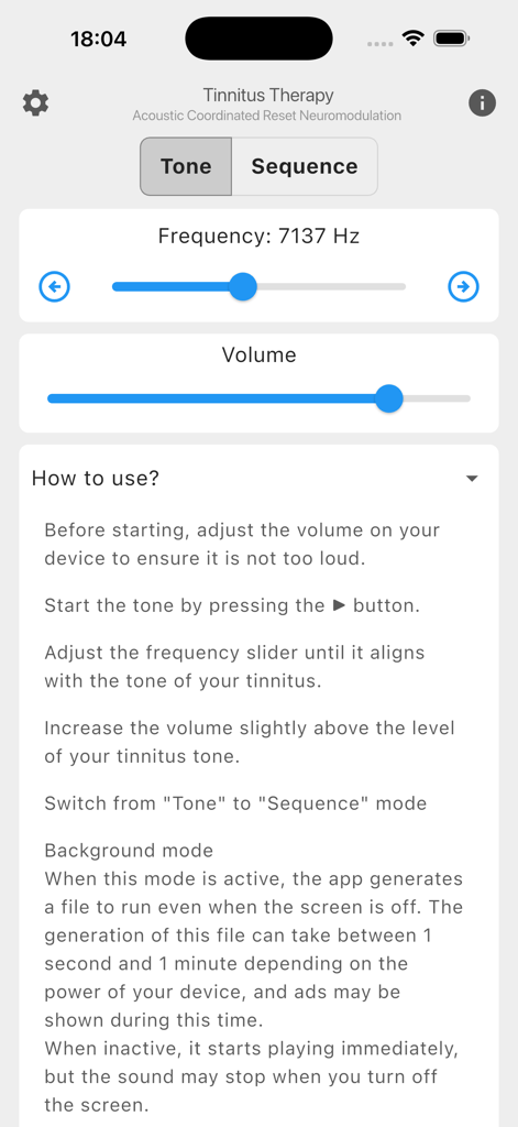 Tinnitus Therapy - ACRN - Interface d'application mobile pour Tinnitus Therapy ACRN présentant des curseurs de fréquence et de volume pour un soulagement personnalisé des bourdonnements d'oreilles.