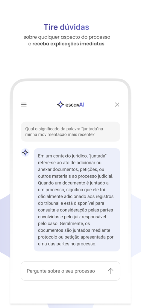 Consultar Processo - Escavador - Interfaz de la aplicación Escavador que muestra al asistente escavAI explicando términos legales complejos en una interfaz de chat