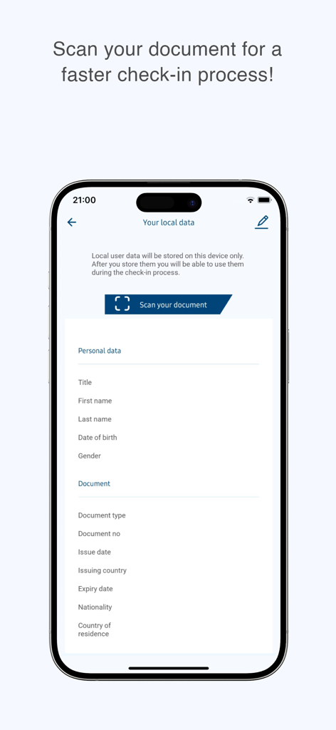Interface de l'application Croatia Airlines pour la numérisation des documents de voyage afin d'accélérer l'enregistrement