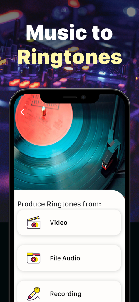 Interfaz de la aplicación Ringtone Maker mostrando opciones para crear tonos de llamada a partir de video, archivos de audio y grabaciones.