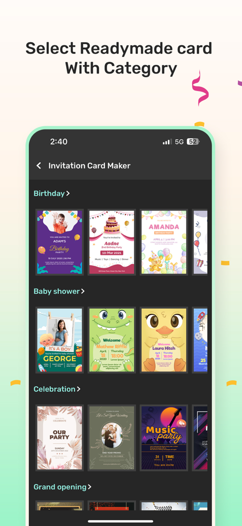 Interface of the invitation maker app showing various card templates for birthday baby shower and celebrations