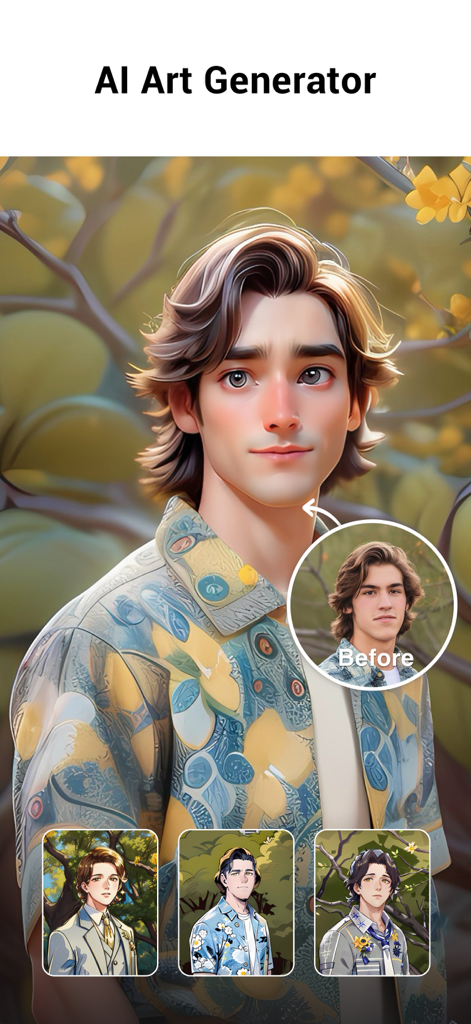 Recurso YouCut AI Art Generator mostrando uma foto real transformada em um avatar de desenho animado estilizado.