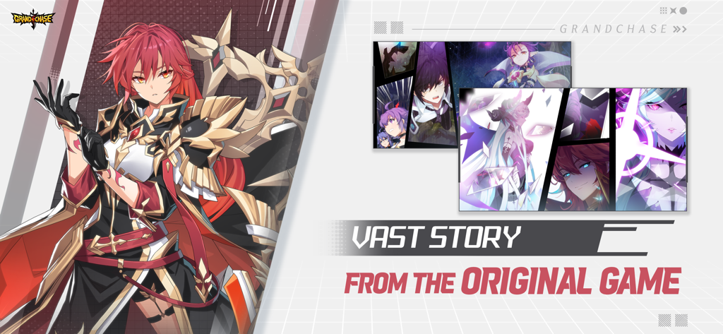 GrandChase - A red haired anime hero from GrandChase with text highlighting the vast story from the original game