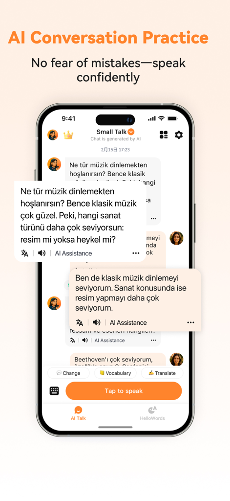 Interface of the Turkish Ai app showing a real-time chat with an AI tutor for conversation practice.