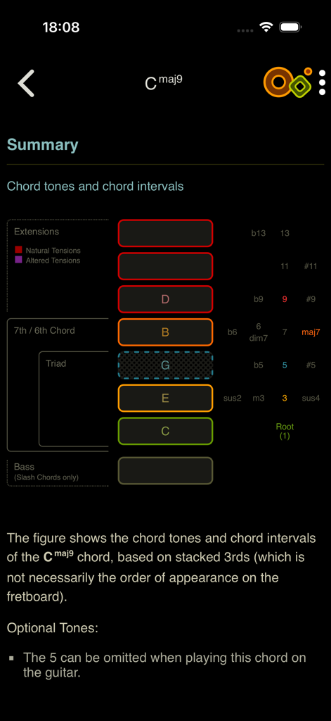Summary screen of the Oolimo app showing a detailed breakdown of chord tones and intervals for a Cmaj9 guitar chord.