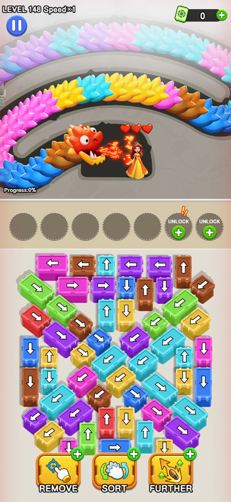 A gameplay screen from Girl Rescue Dragon Out showing a dragon attacking a princess and a color matching puzzle grid below