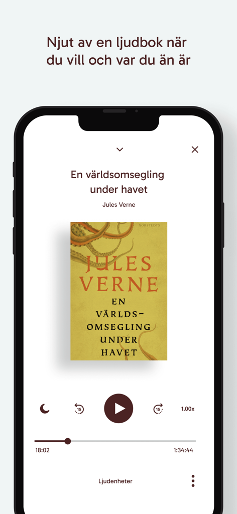 Biblio mobile app audiobook player interface showing the book cover of Twenty Thousand Leagues Under the Sea and playback controls