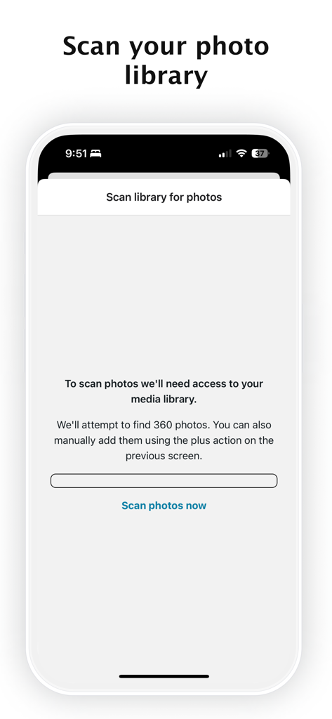 Scan library screen in the Simple 360 Photo Viewer app for finding local 360 degree photos
