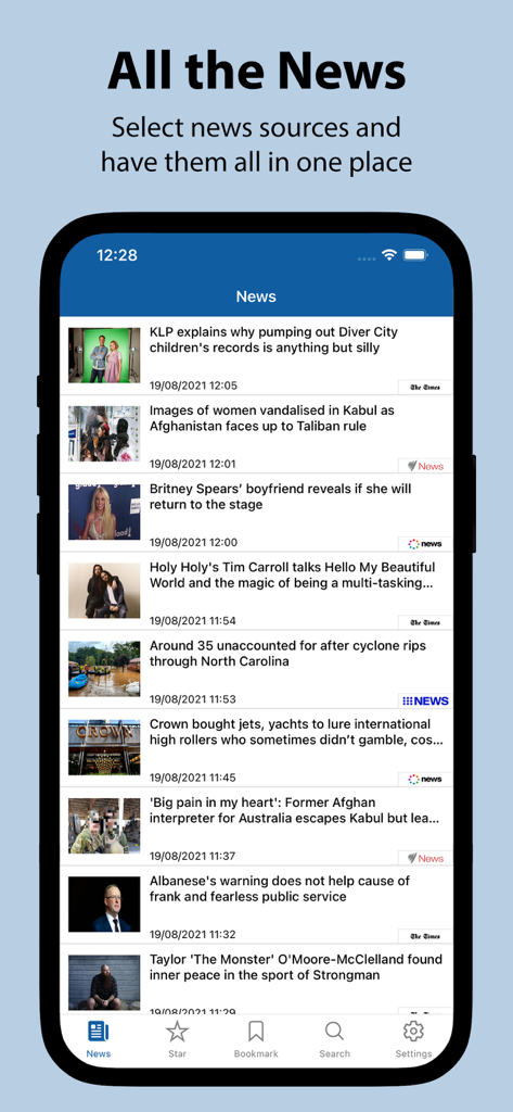 All the News - UK - A screenshot of the All the News - UK app showing a centralized news feed with various international headlines and articles