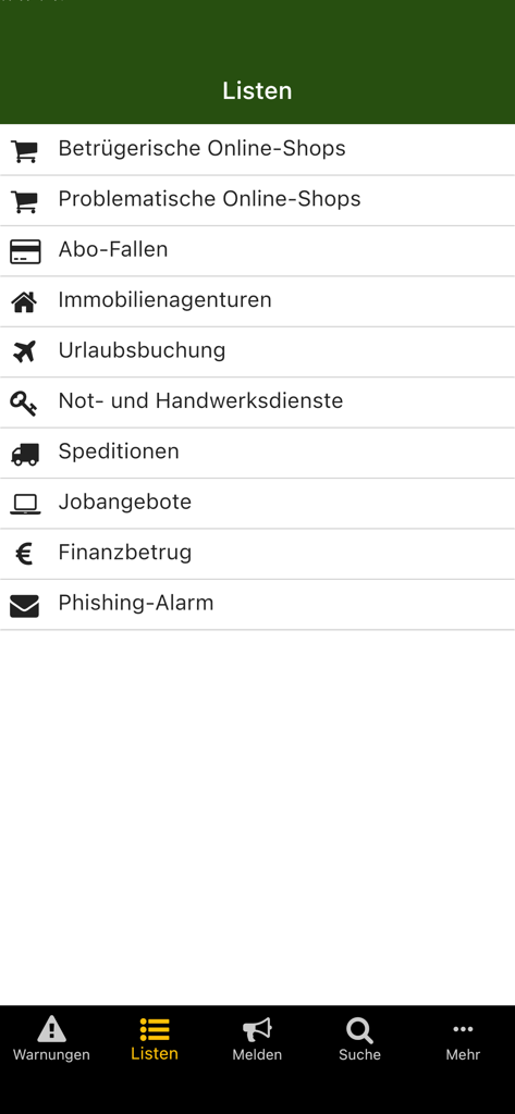 Watchlist Internet - Mobile app screen showing a list of internet fraud categories including fraudulent online shops and phishing alerts