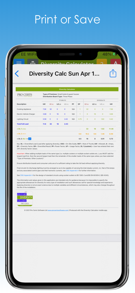 A mobile screen showing the Diversity Calculator app with a document preview of electrical load results ready to be printed or saved.