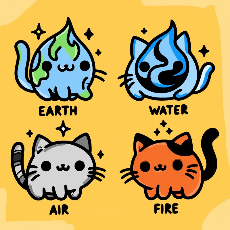 4 cats that represent the different elements, earth, water, air, and fire