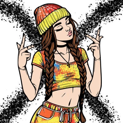 realistic teenage girl with braids and a beanie and crop top doing 🫶🏼
