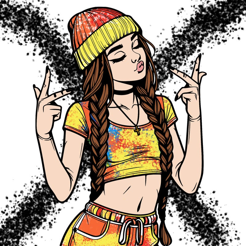 realistic teenage girl with braids and a beanie and crop top doing 🫶🏼