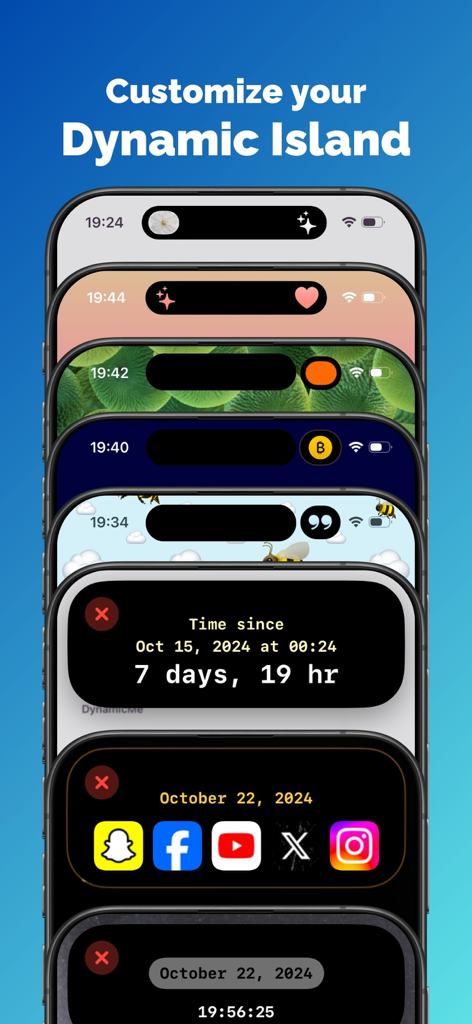 DynamicMe - 기호와 앱 독을 포함한 다양한 맞춤형 다이나믹 아일랜드 디자인을 보여주는 아이폰 스택