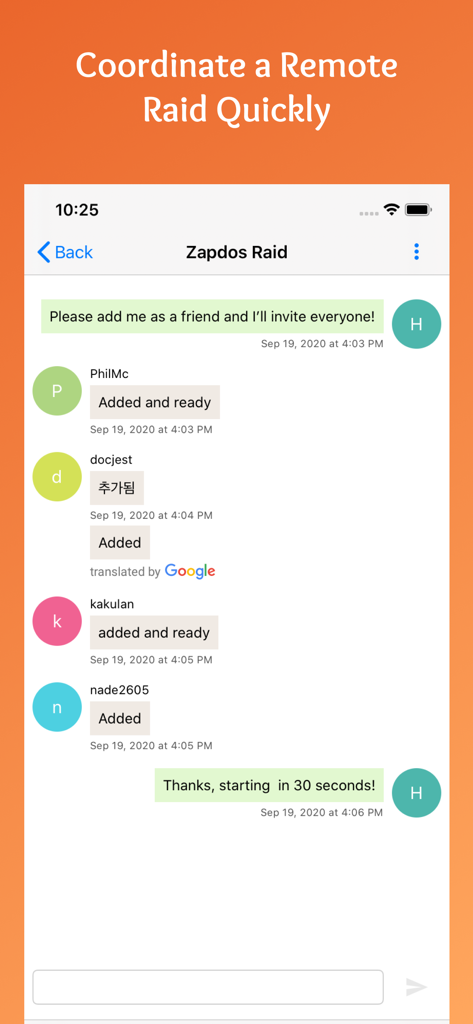 PokeRaid app chat interface showing players coordinating a Zapdos remote raid with integrated translation support.