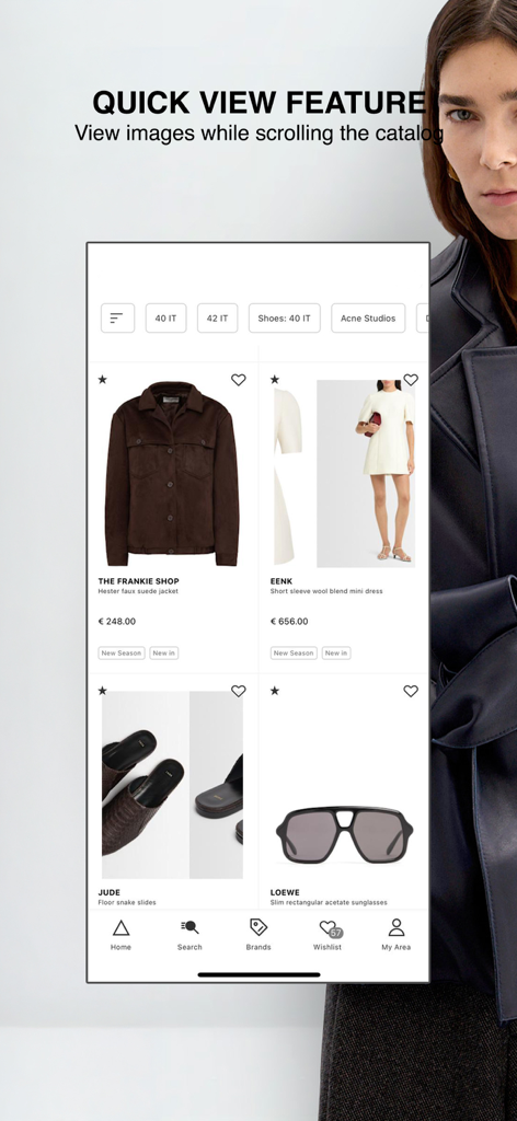 Capture d'écran de l'application LUISAVIAROMA affichant la fonction d'aperçu rapide pour les vêtements et accessoires de créateurs de luxe