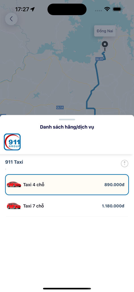 911 Taxi - 911 Taxi app screen showing 4-seater and 7-seater booking options with prices
