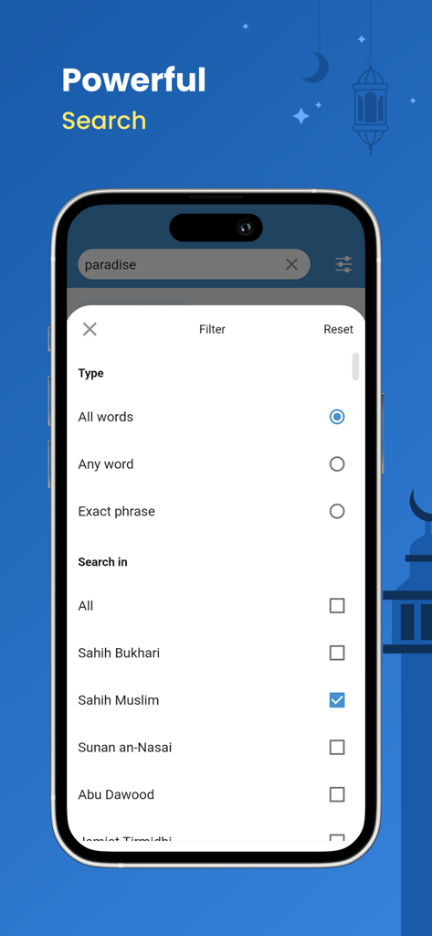 Search filter interface in the Hadith Collection app showing options to refine search by word type and specific Islamic books.
