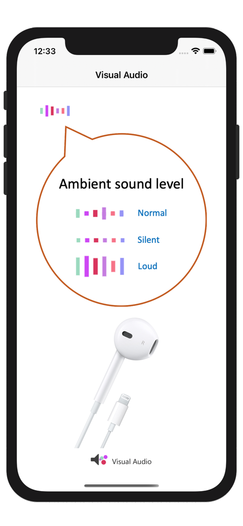 VisualAudio Hearing Aid - VisualAudio app screen showing ambient sound level visual indicators