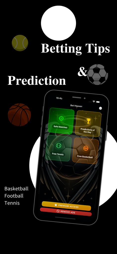 Bet Heaven: AI Betting Tips - Bet Heaven app interface showing AI sports predictions and categories for football tennis and basketball