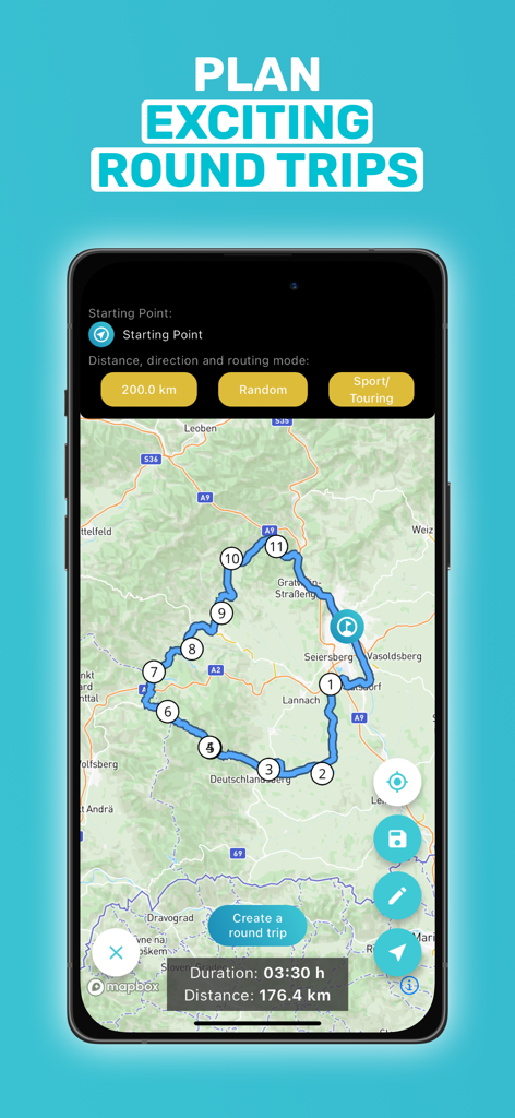 A smartphone screen showing the Motobit app interface for planning a motorcycle round trip with custom distance and sport touring routing options.