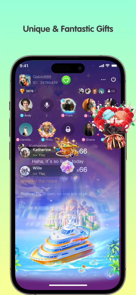 HaChat Toki - Une capture d'écran de HaChat Toki montrant des animations de cadeaux virtuels uniques et fantastiques dans une salle de fête vocale