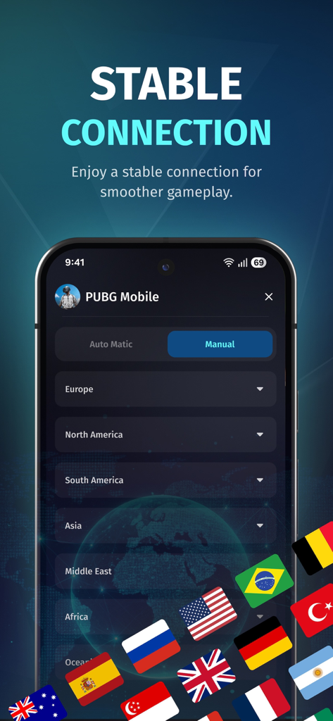Interfaz de la aplicación FKey que muestra la selección de servidores globales para una conexión de juego estable con varias banderas de países