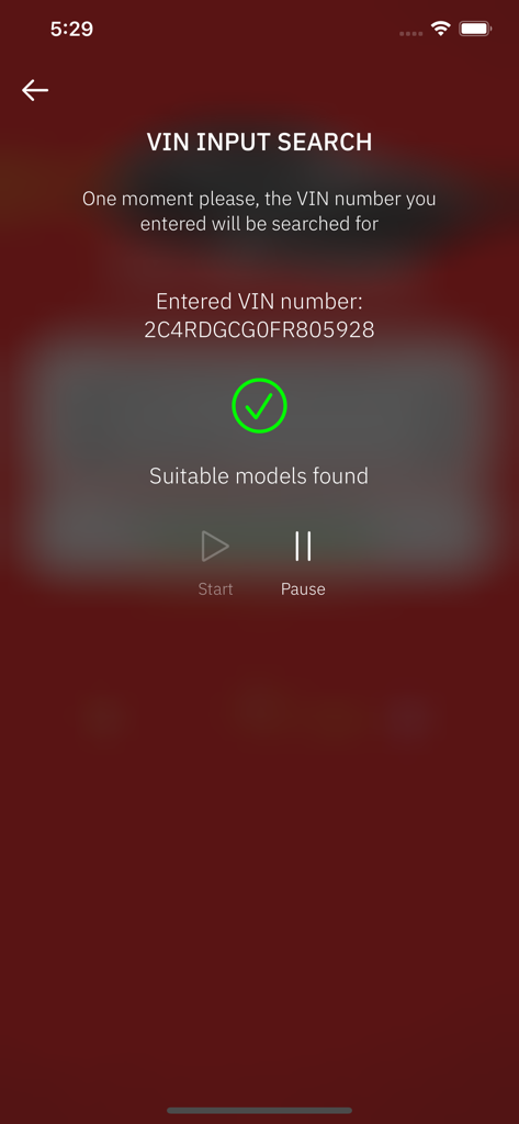 Mobile app interface showing successful VIN search results for a vehicle lookup