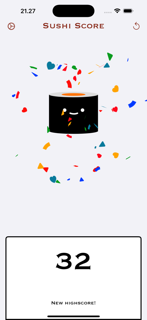 Sushi Score - Count your sushi - Sushi Score app interface showing a new high score of 32 with confetti and a cute sushi character