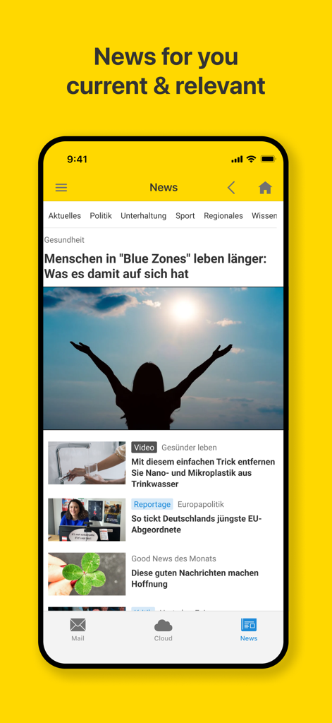 WEB.DE - Mail, Cloud & News - WEB.DE app showing current and relevant news feed on a smartphone