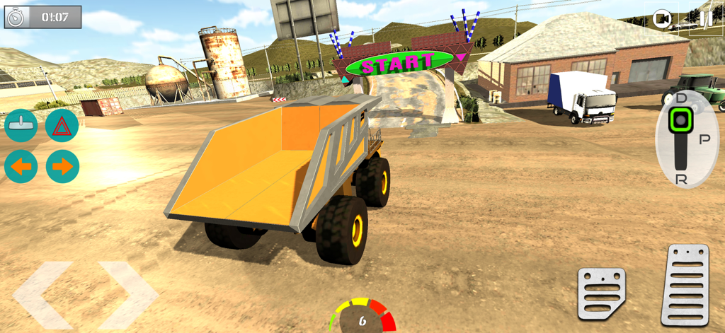 Heavy Excavator Dumper Truck - Gameplay screenshot of a yellow dumper truck at the start gate of a mining simulation level with mobile game controls