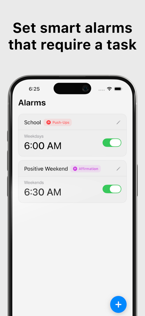 Erly app interface showing smart alarms with wake-up tasks like push-ups and affirmations.