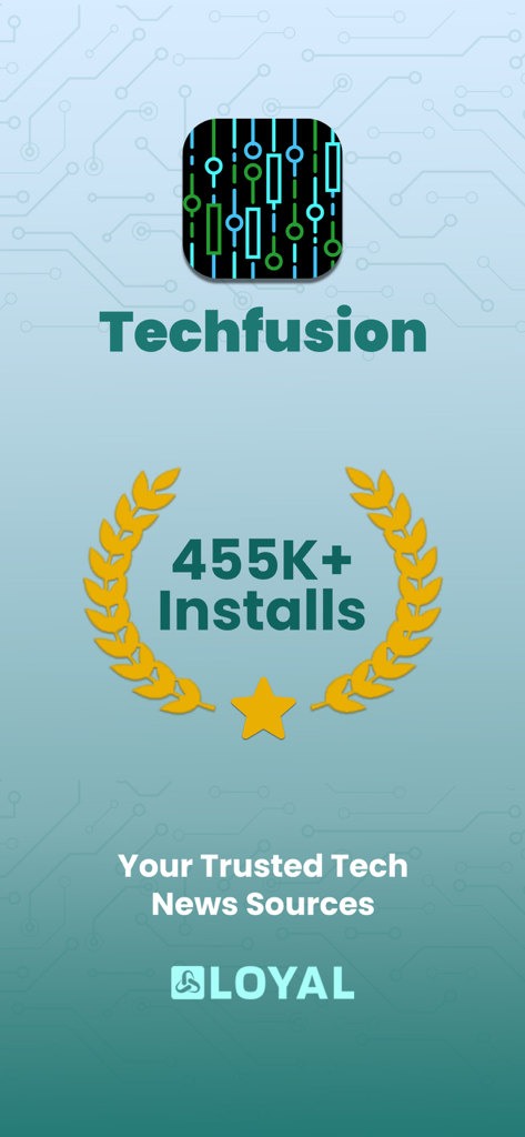 Techfusion News & Reviews - Pantalla promocional de la aplicación Noticias y Reseñas de Techfusion con 455K instalaciones y el eslogan de fuentes de noticias confiables