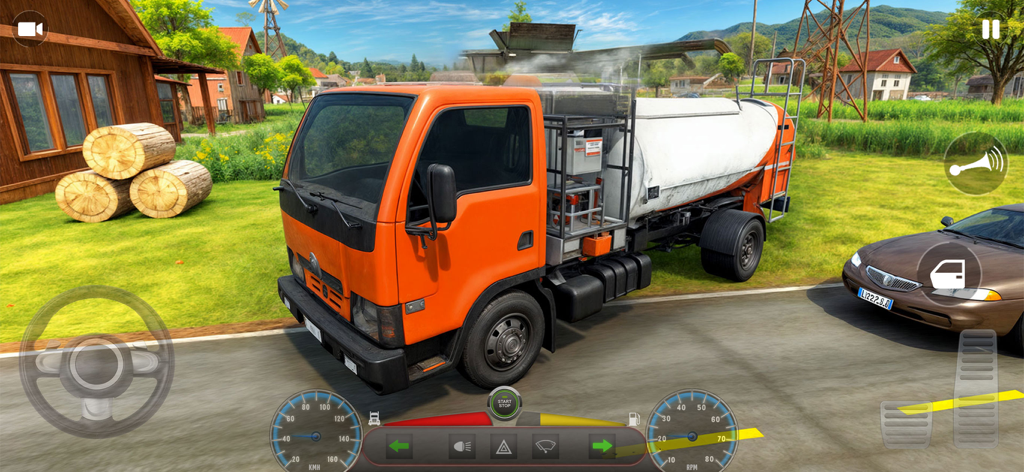 Pak Transport Truck Drive 3D - In-game view of an orange transport truck on a road with driving simulator UI controls